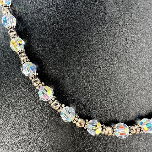 Vintage Aurora Borealis Glass Bead Necklace Sterling Silver Clasp, Spacer Beads - Picture 3 of 10